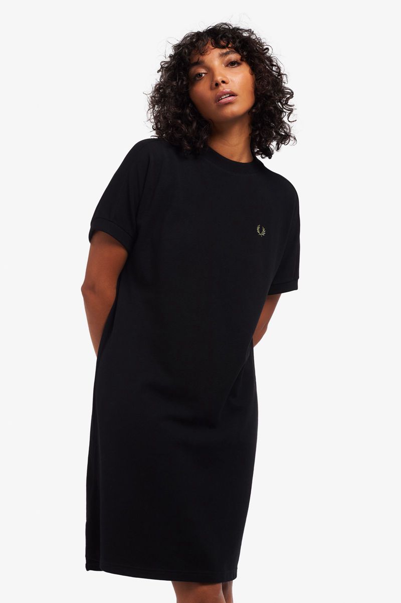 Women\'s Fred Perry Boxy Piqué T-Shirt Dresses Black | 4810653-LT