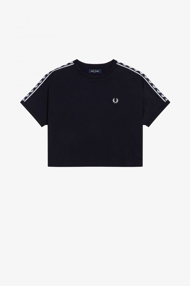 Women's Fred Perry Cropped Taped Ringer T-Shirts Navy | 4061298-KA