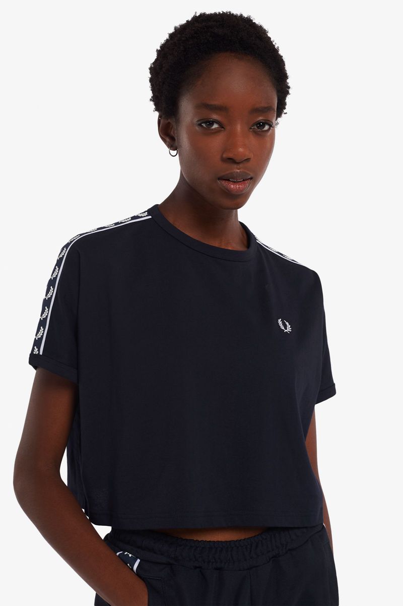 Women's Fred Perry Cropped Taped Ringer T-Shirts Navy | 4061298-KA