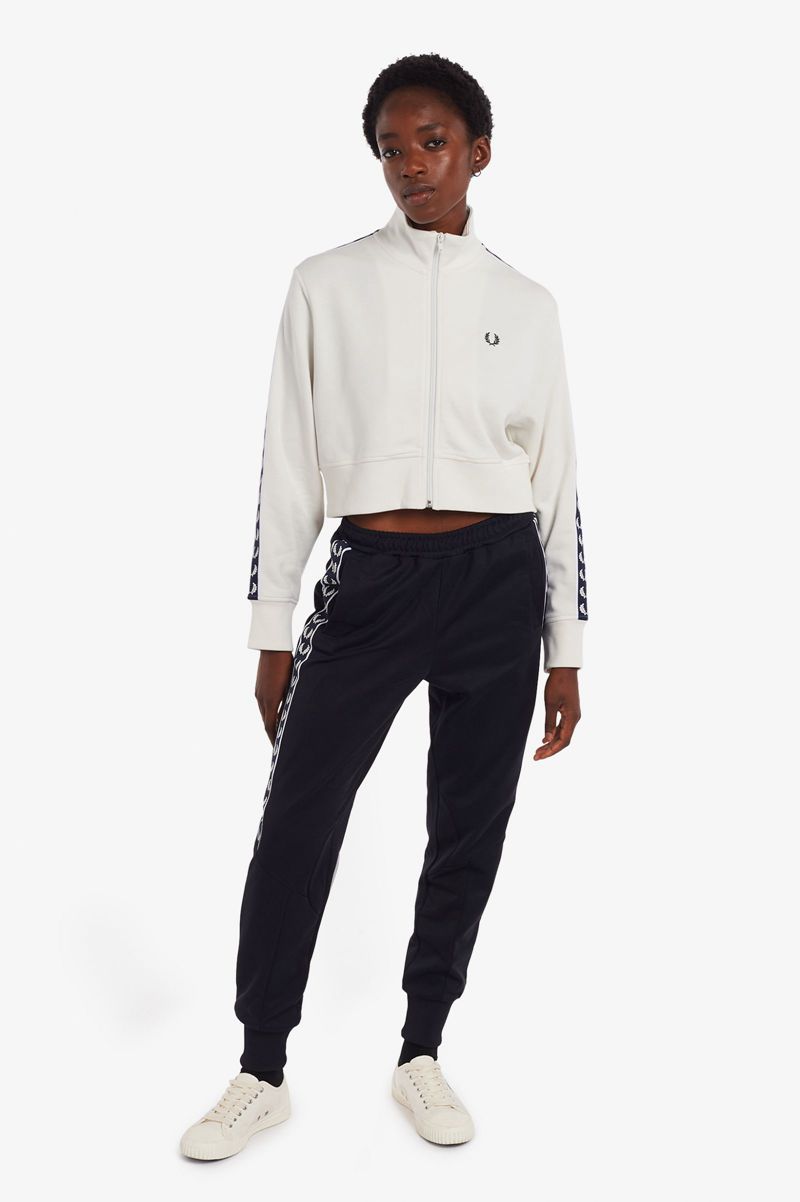 Women's Fred Perry Cropped Taped Track Jackets White | 0621754-EZ