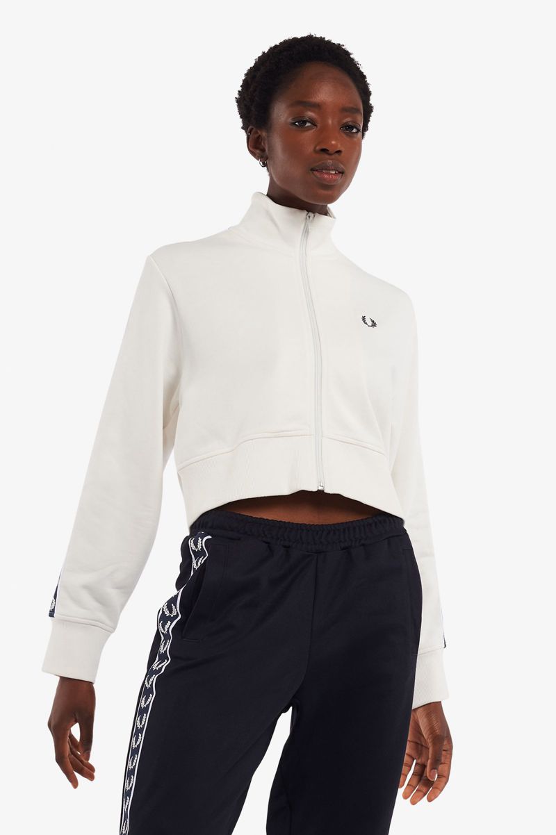 Women\'s Fred Perry Cropped Taped Track Jackets White | 0621754-EZ