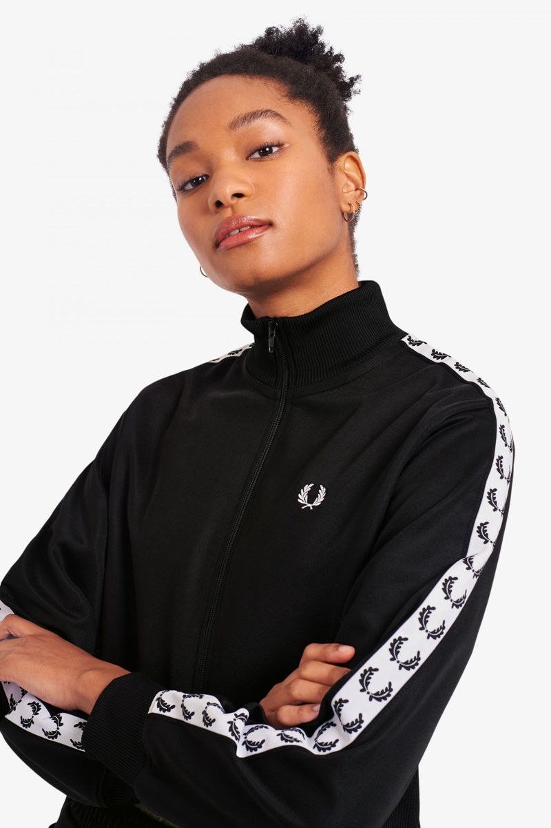 Women's Fred Perry Cropped Taped Track Jackets Black | 6540319-OT