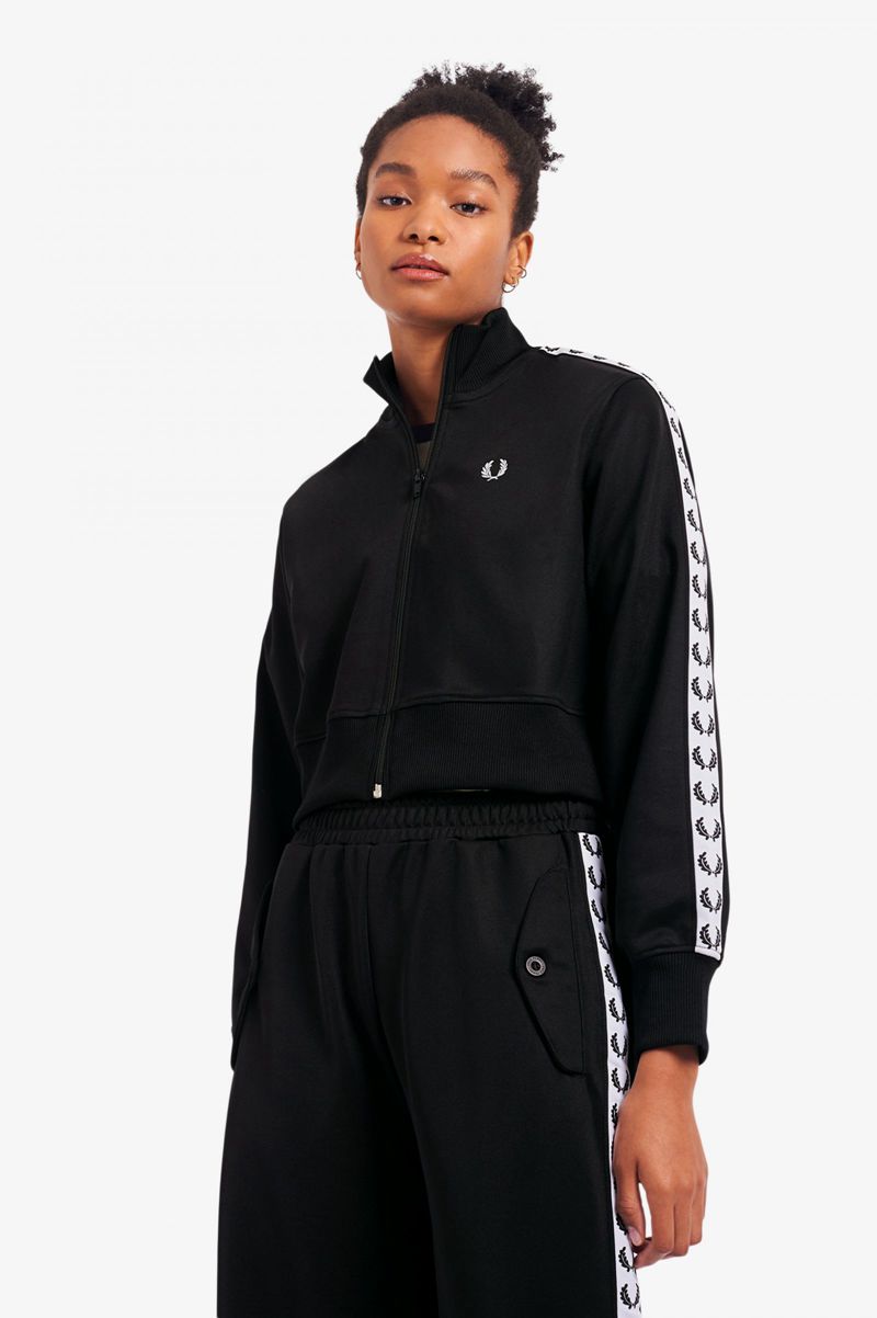 Women's Fred Perry Cropped Taped Track Jackets Black | 6540319-OT