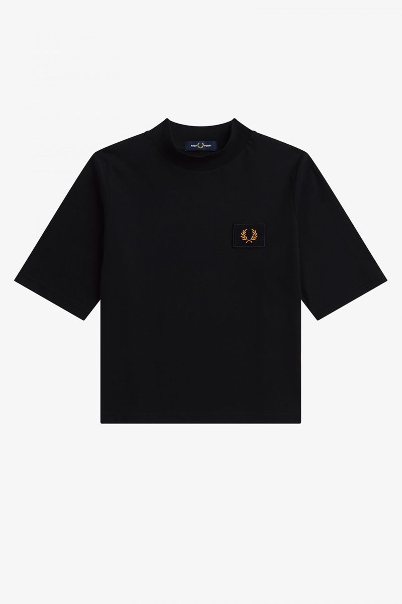 Women's Fred Perry High Neck Badge Detail T-Shirts Black | 2845619-XI