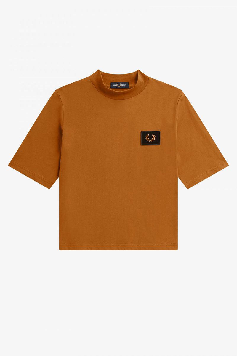 Women's Fred Perry High Neck Badge Detail T-Shirts Camel | 9053862-PU