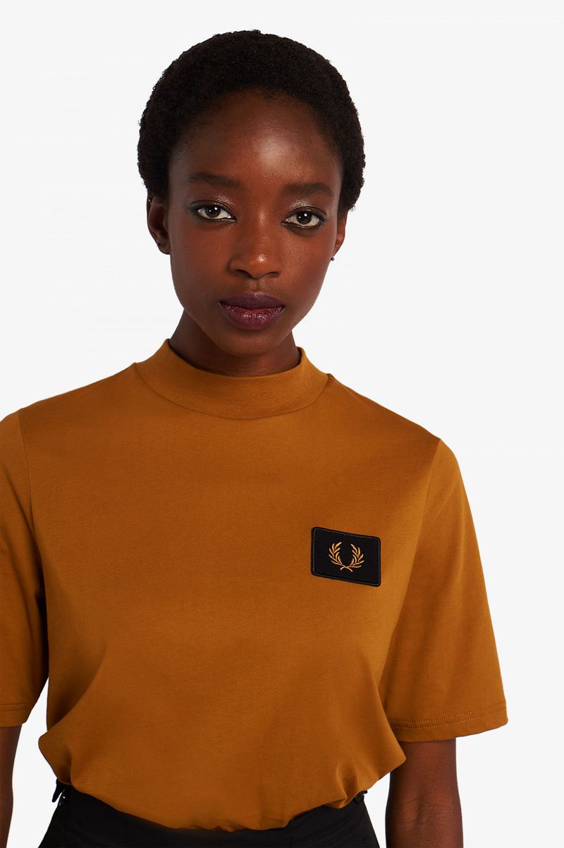 Women's Fred Perry High Neck Badge Detail T-Shirts Camel | 9053862-PU