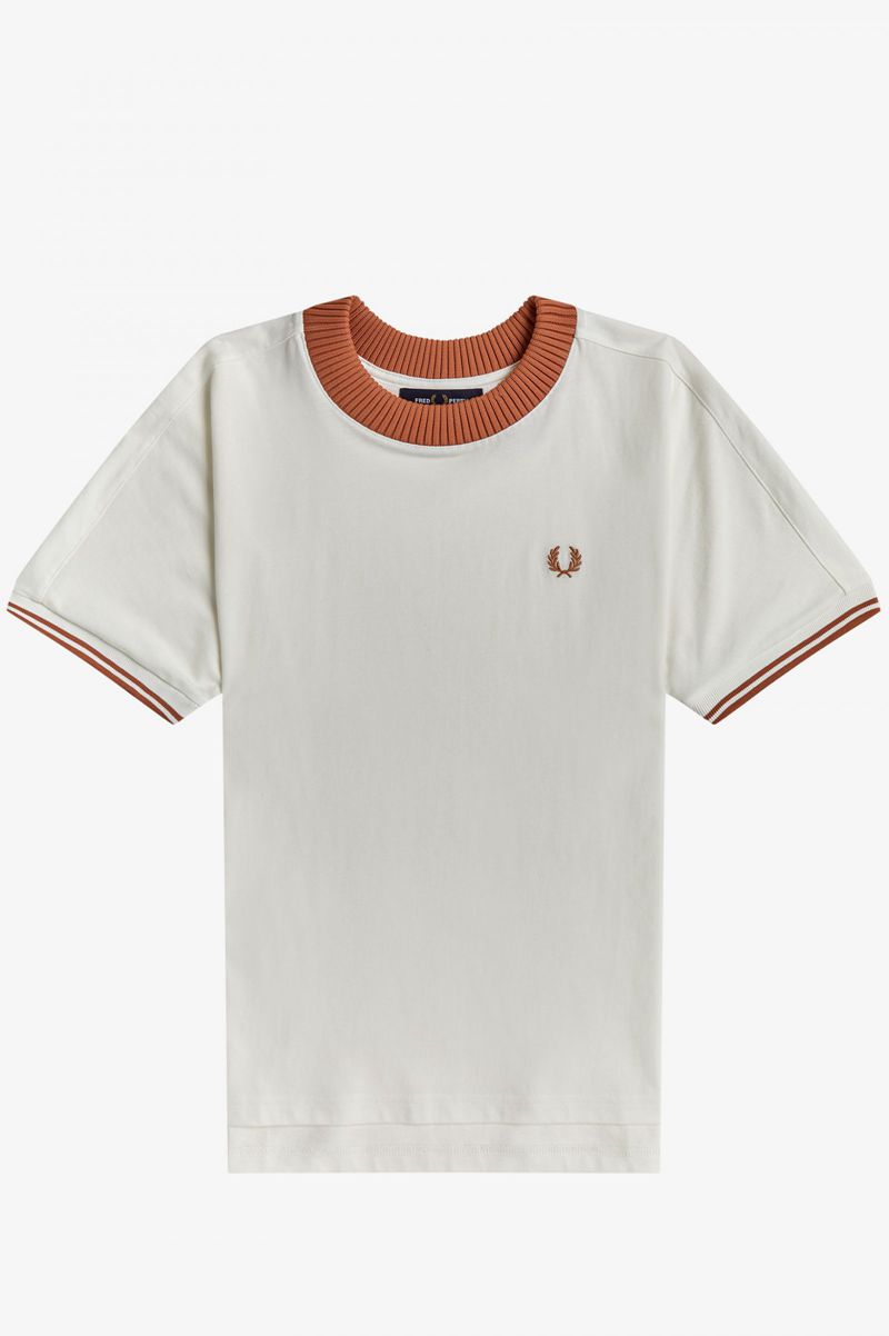 Women's Fred Perry Knitted Trim T-Shirts White | 6407183-YC