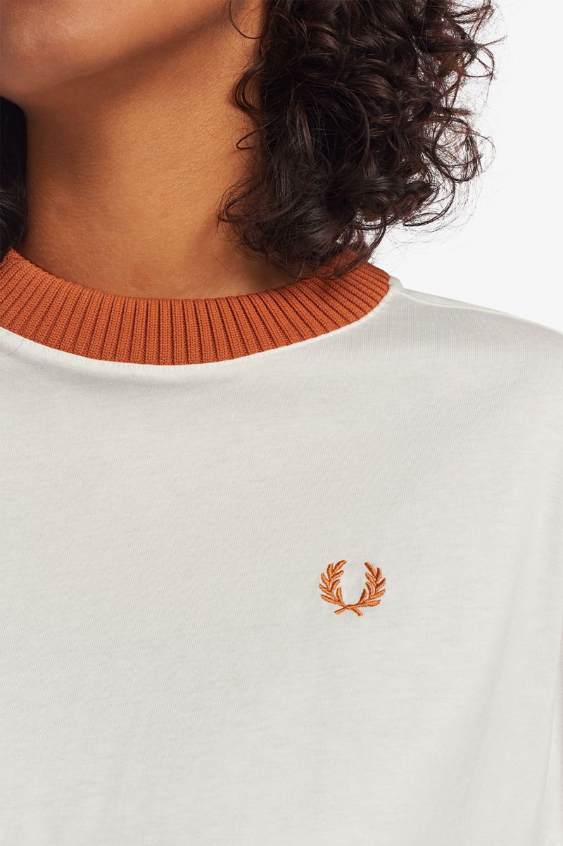 Women's Fred Perry Knitted Trim T-Shirts White | 6407183-YC