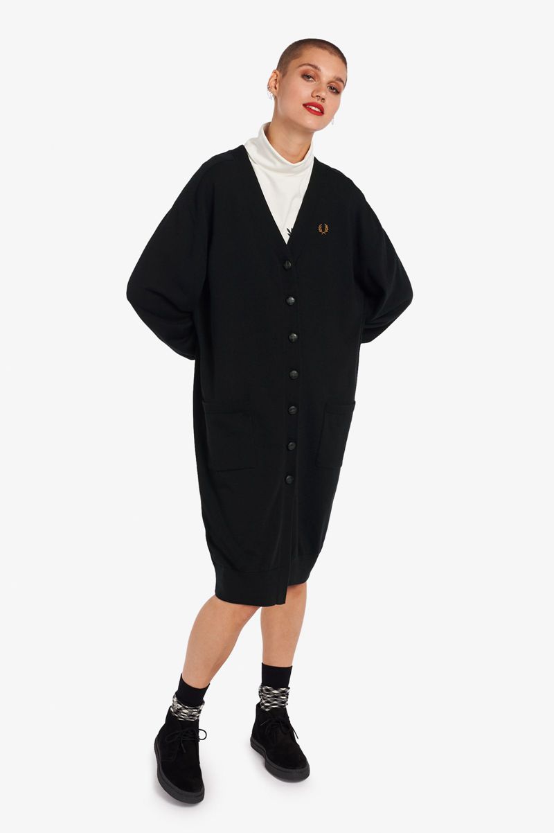 Women's Fred Perry Longline Cardigan Dresses Black | 4865327-UX