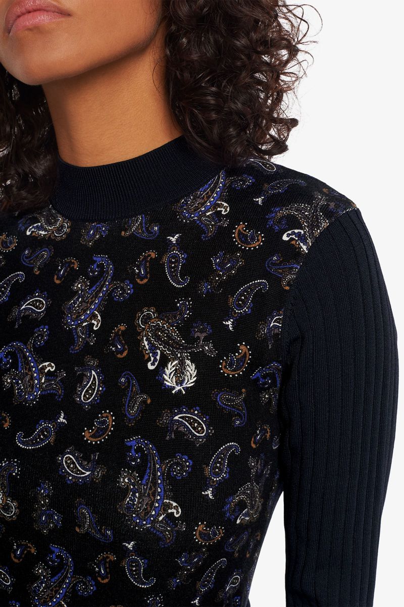 Women's Fred Perry Paisley Print Jumper Knitwear Navy | 1293584-VI