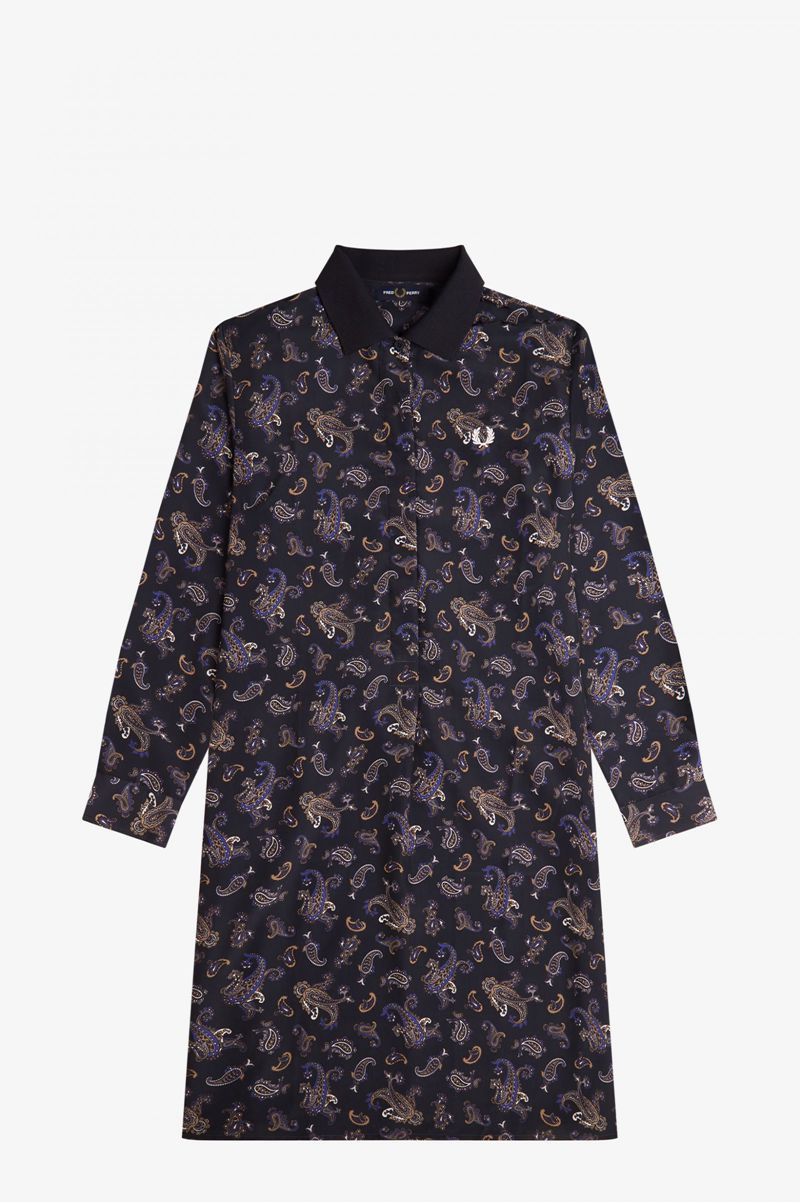 Women's Fred Perry Paisley Print Shirt Dresses Navy | 2604389-HK