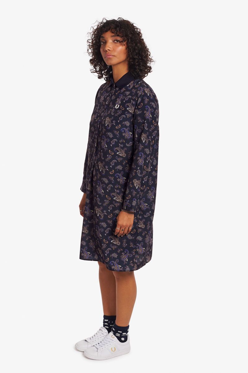 Women's Fred Perry Paisley Print Shirt Dresses Navy | 2604389-HK