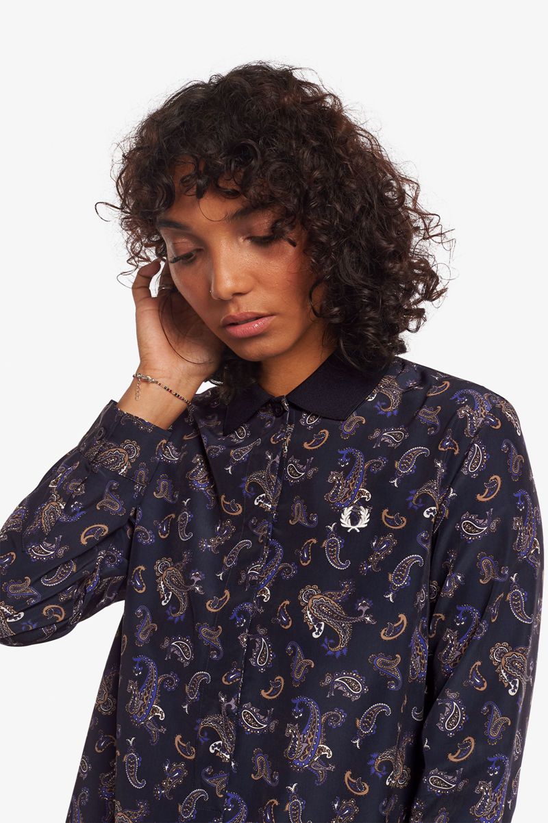 Women's Fred Perry Paisley Print Shirt Dresses Navy | 2604389-HK