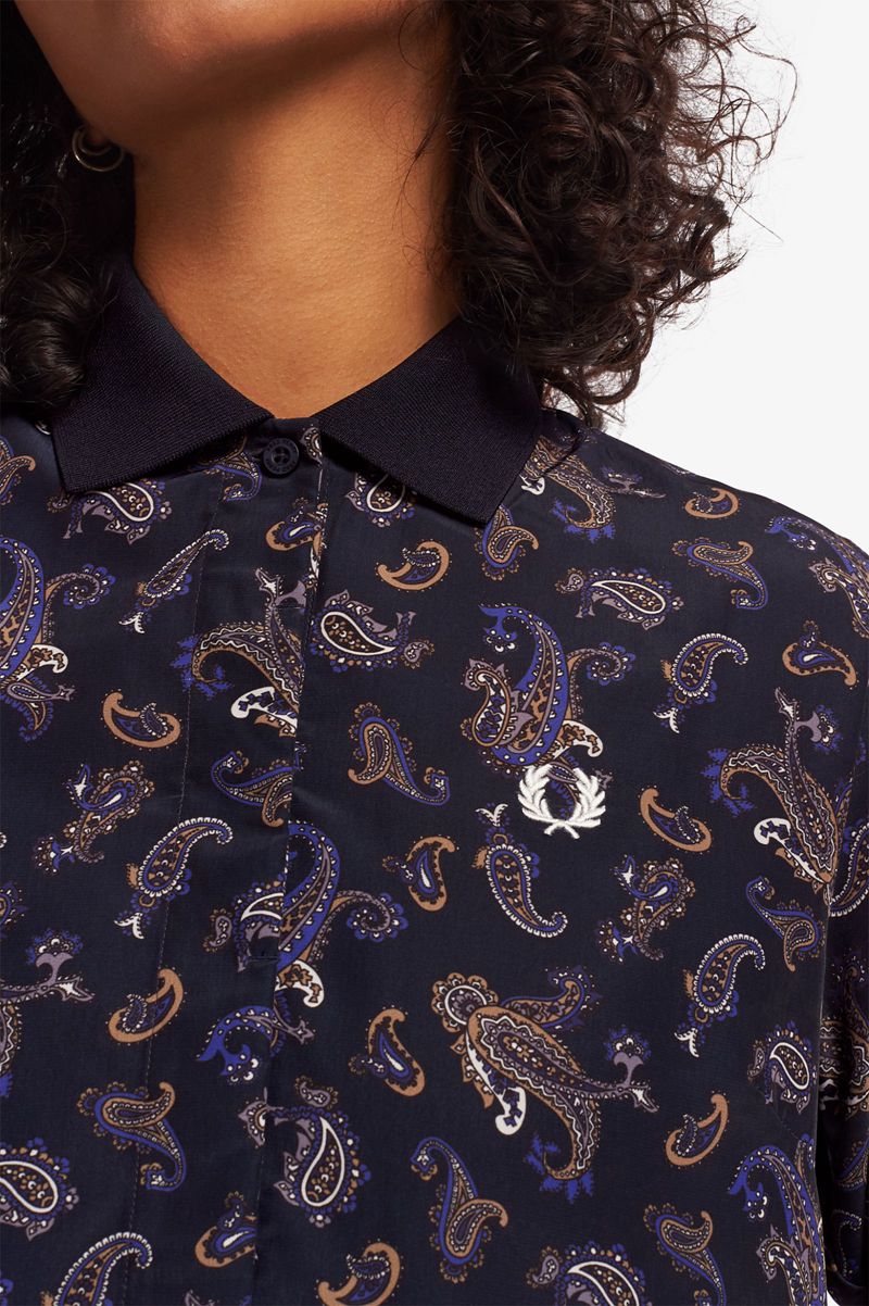 Women's Fred Perry Paisley Print Shirt Dresses Navy | 2604389-HK