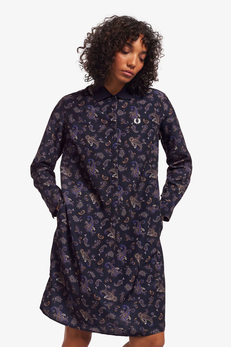 Women\'s Fred Perry Paisley Print Shirt Dresses Navy | 2604389-HK