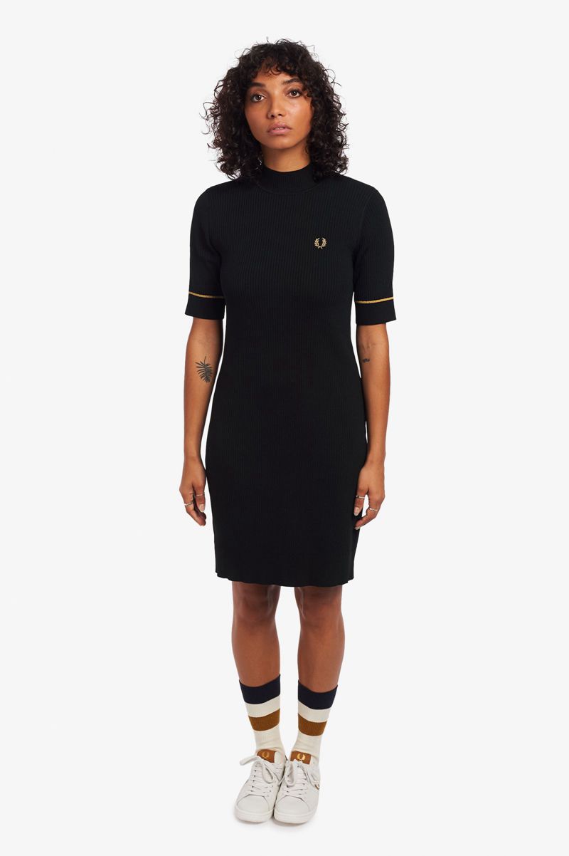 Women's Fred Perry Ribbed Knitted Dresses Black | 8649325-JR