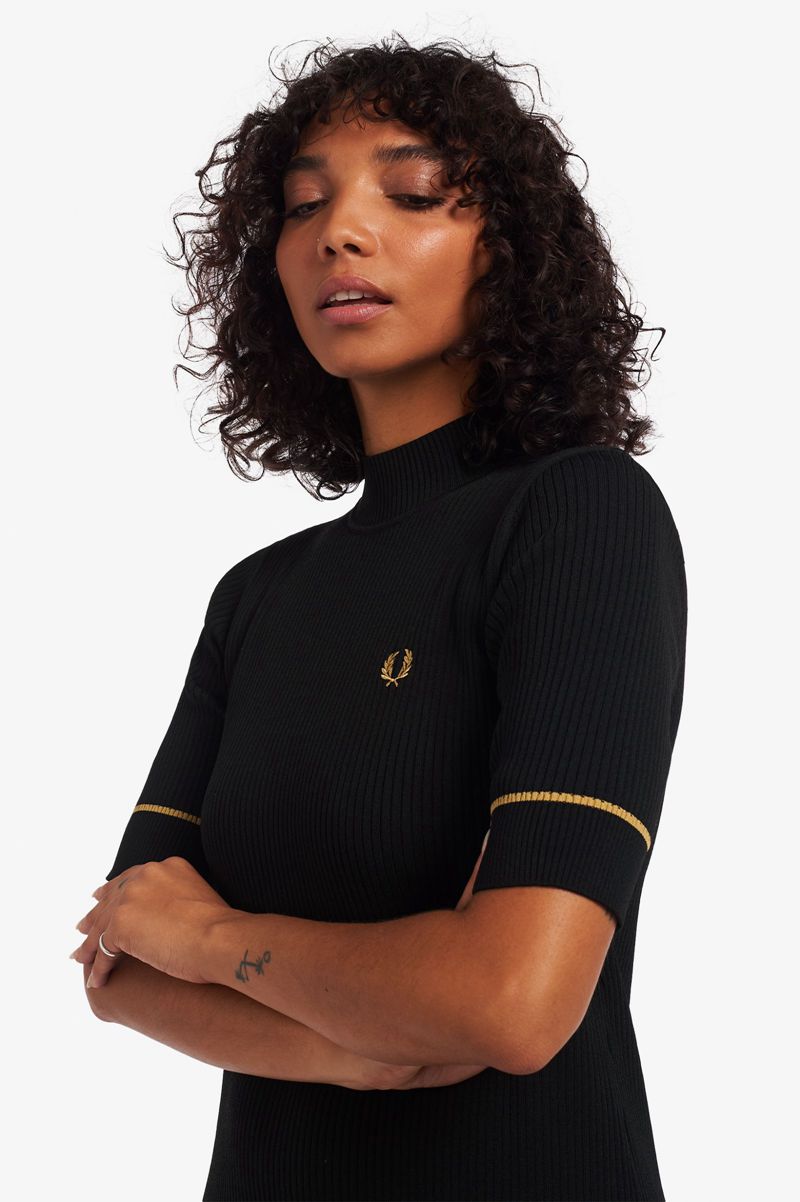 Women's Fred Perry Ribbed Knitted Dresses Black | 8649325-JR