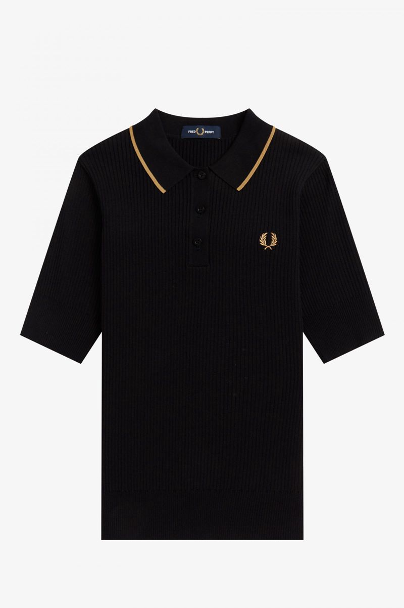 Women's Fred Perry Ribbed Knitted Shirts Black | 4526190-NQ