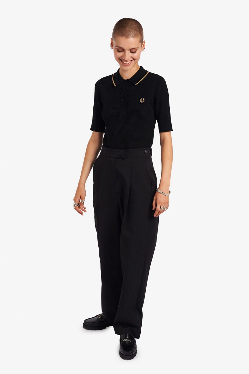 Women's Fred Perry Ribbed Knitted Shirts Black | 4526190-NQ