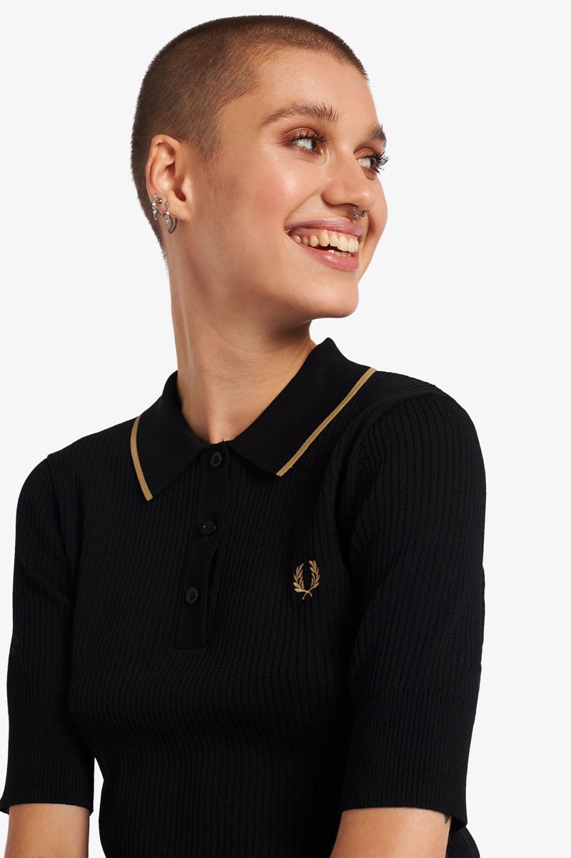 Women's Fred Perry Ribbed Knitted Shirts Black | 4526190-NQ