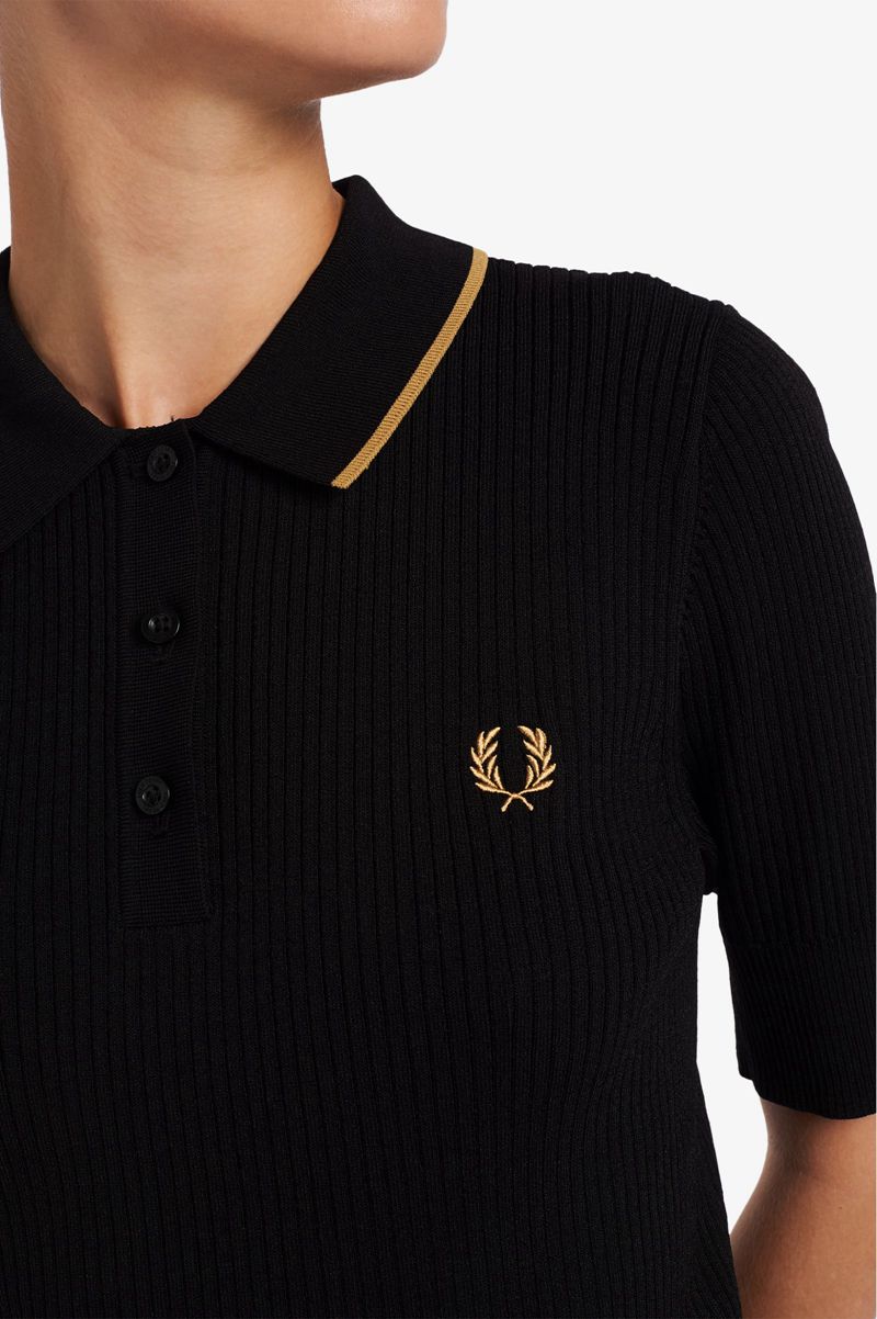 Women's Fred Perry Ribbed Knitted Shirts Black | 4526190-NQ