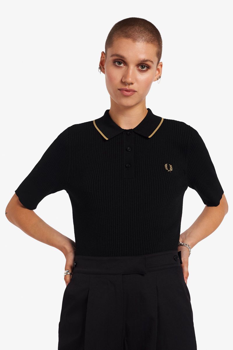 Women\'s Fred Perry Ribbed Knitted Shirts Black | 4526190-NQ