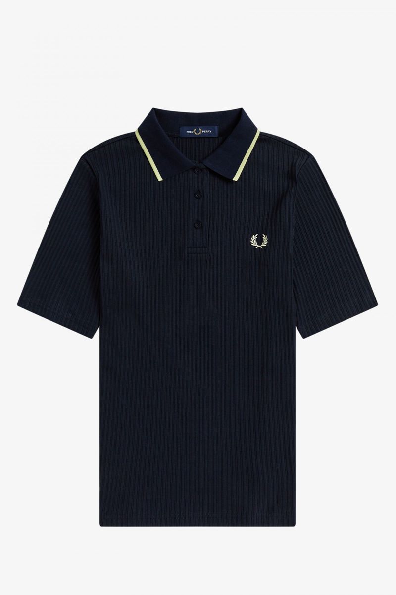 Women's Fred Perry Ribbed Polo Shirts Navy | 3279684-QB