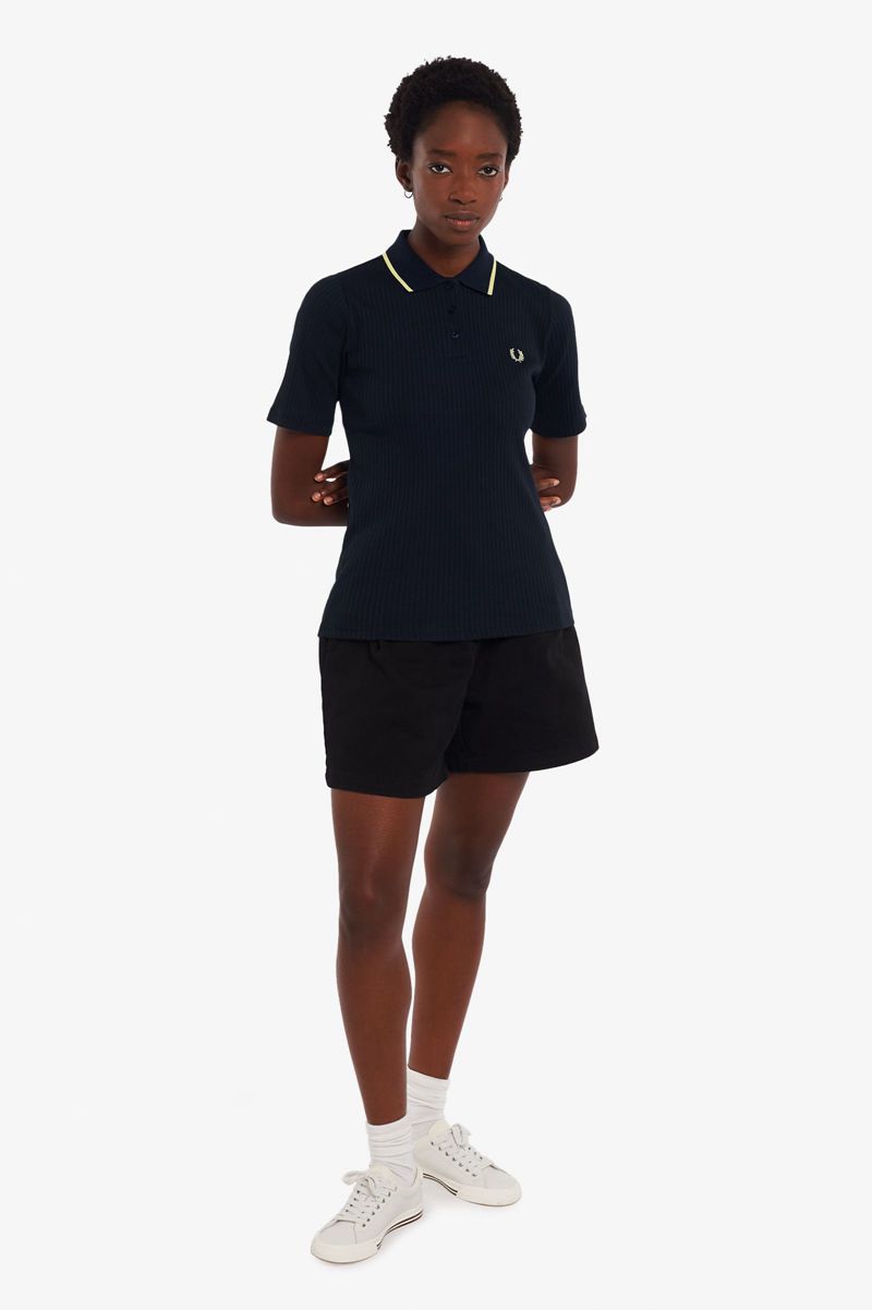 Women's Fred Perry Ribbed Polo Shirts Navy | 3279684-QB