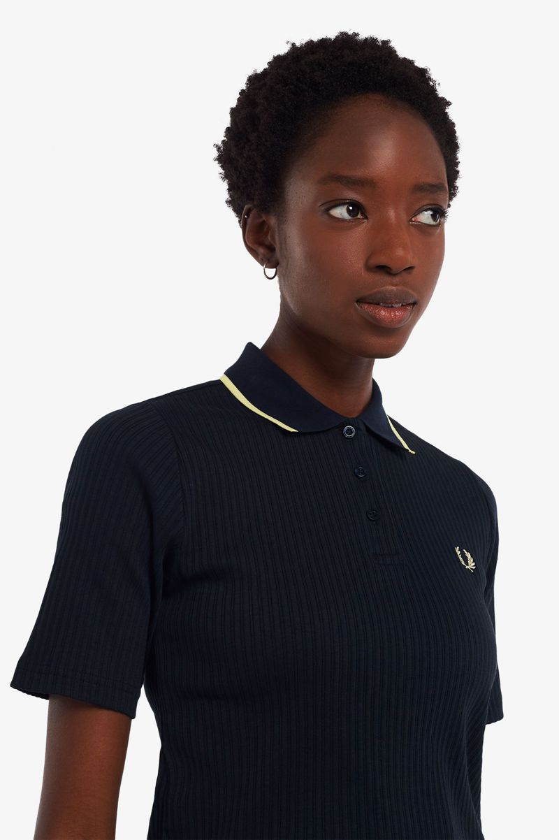 Women's Fred Perry Ribbed Polo Shirts Navy | 3279684-QB