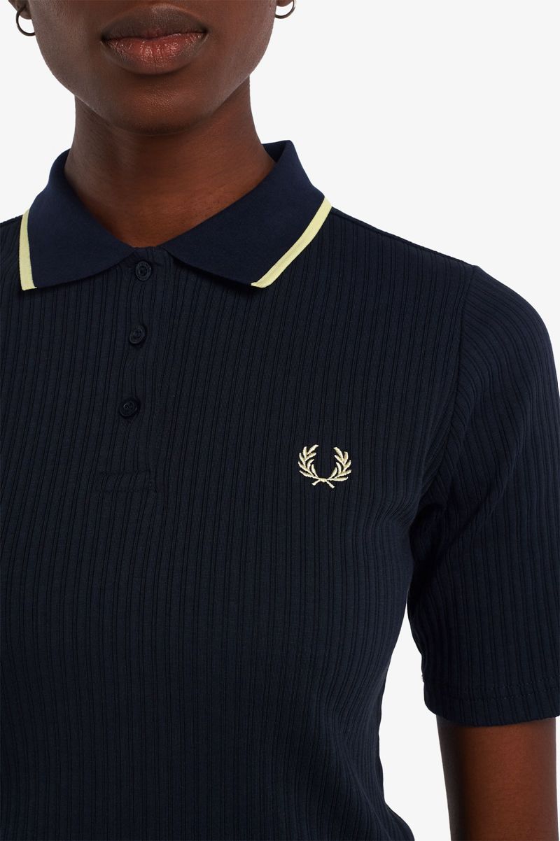 Women's Fred Perry Ribbed Polo Shirts Navy | 3279684-QB