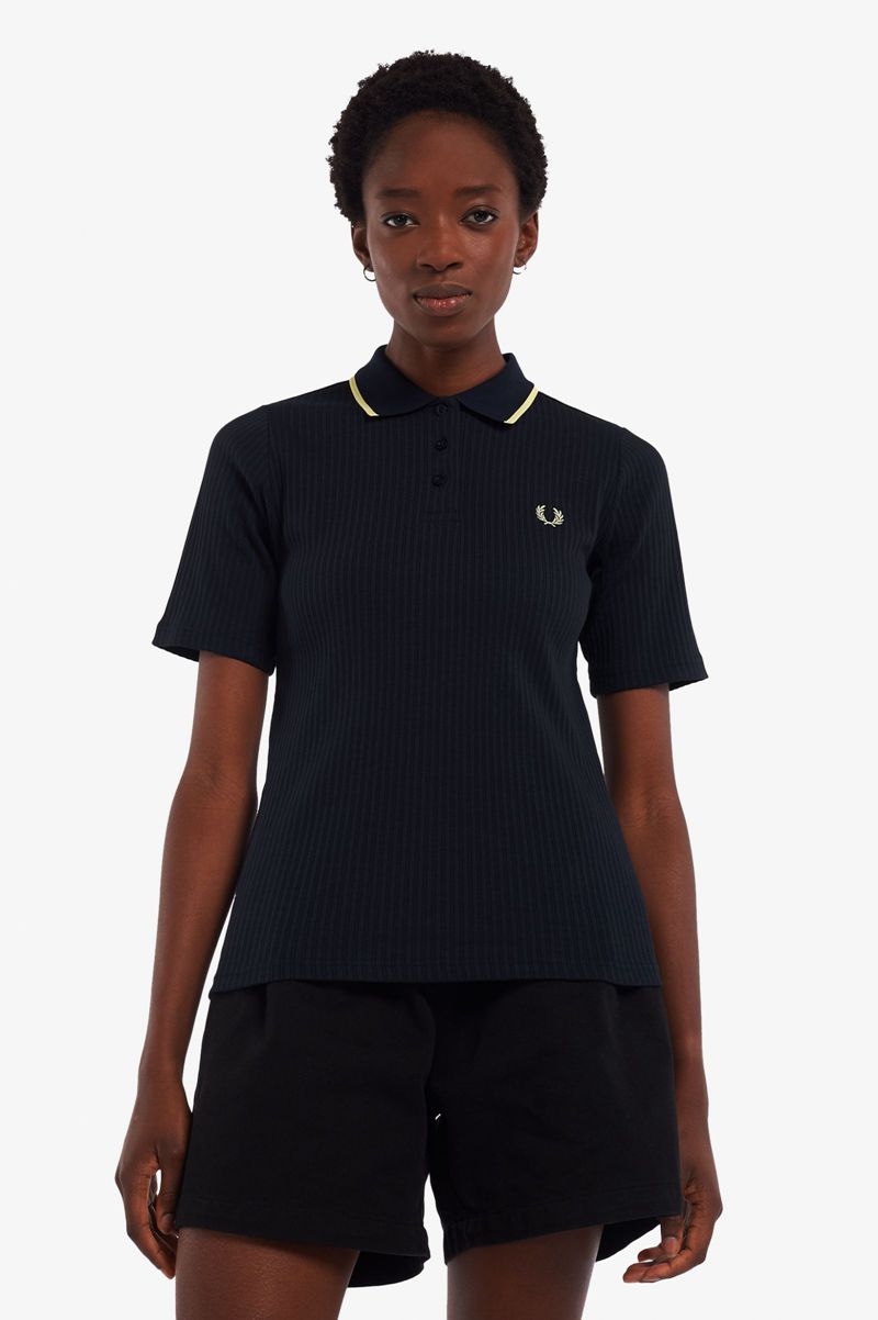 Women\'s Fred Perry Ribbed Polo Shirts Navy | 3279684-QB