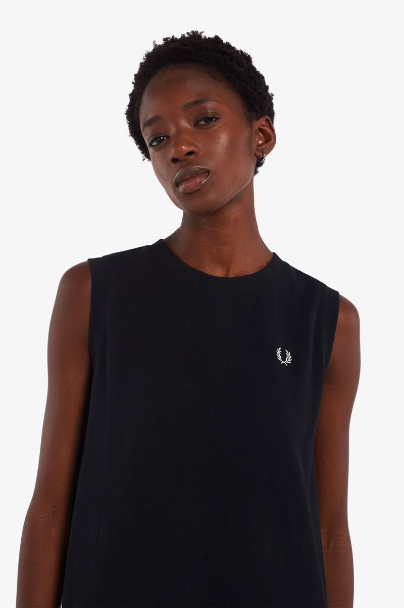 Women's Fred Perry Sleeveless Ringer T-Shirt Dresses Black | 8634790-WG