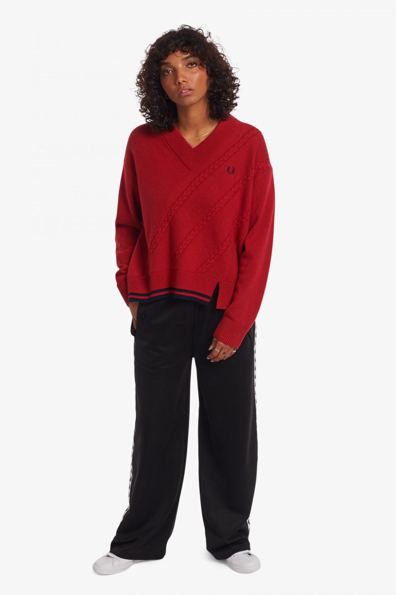 Women's Fred Perry Split Hem Cable Knit Jumper Knitwear Red | 7084369-QT