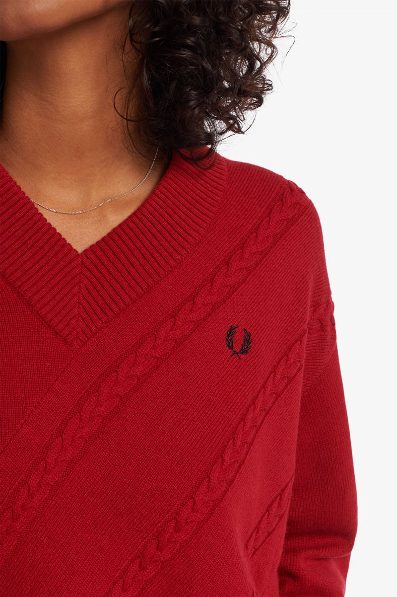 Women's Fred Perry Split Hem Cable Knit Jumper Knitwear Red | 7084369-QT