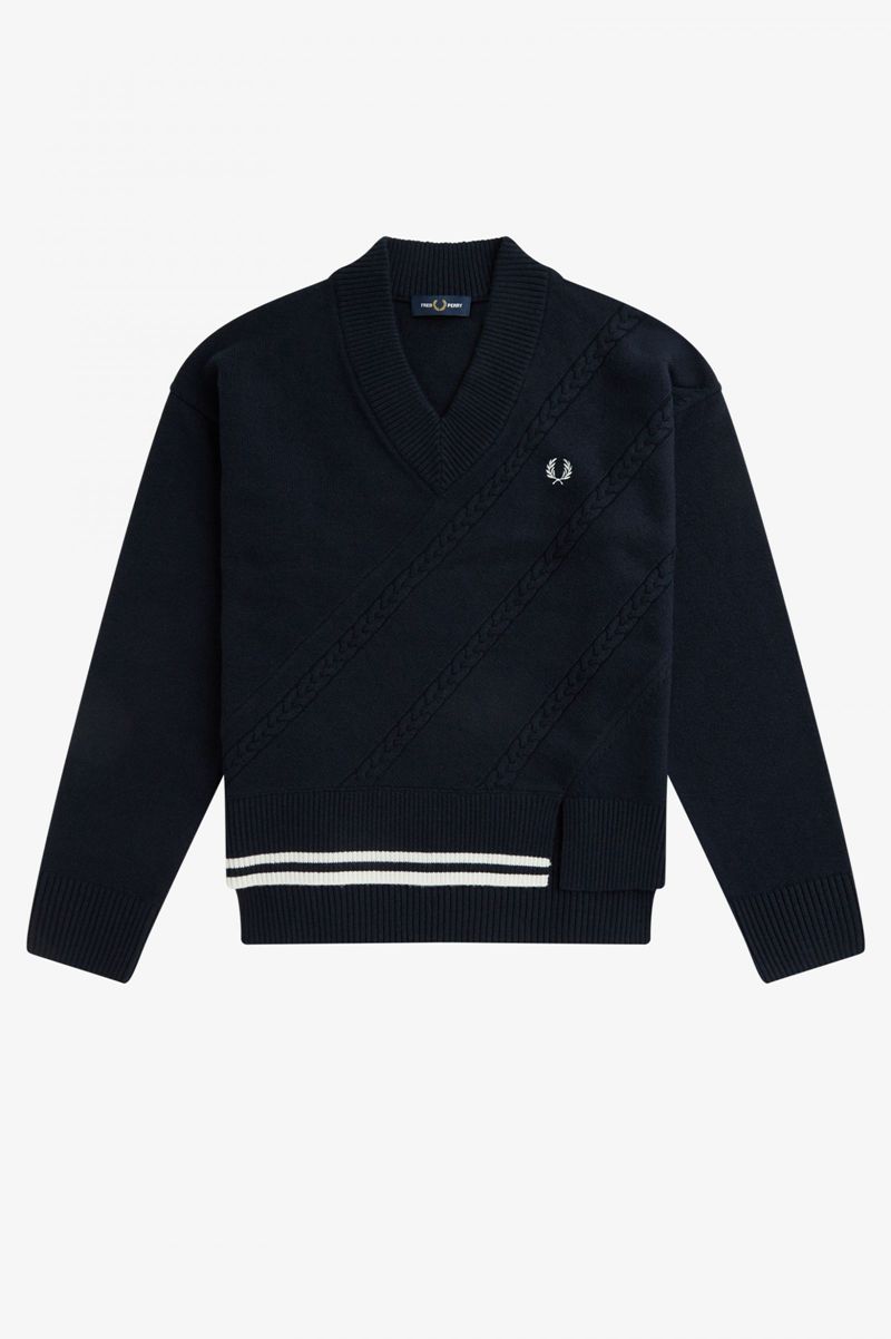 Women's Fred Perry Split Hem Cable Knit Jumper Knitwear Navy | 8325041-YT