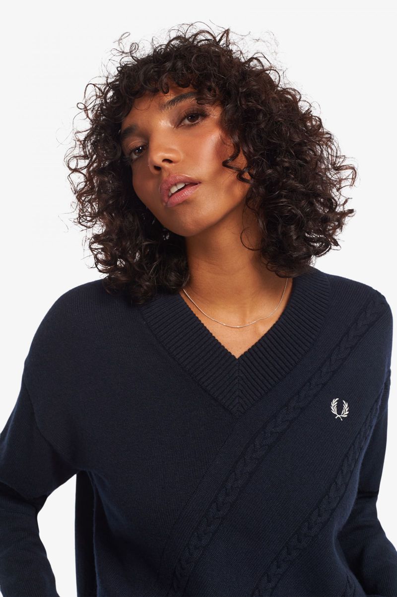 Women's Fred Perry Split Hem Cable Knit Jumper Knitwear Navy | 8325041-YT