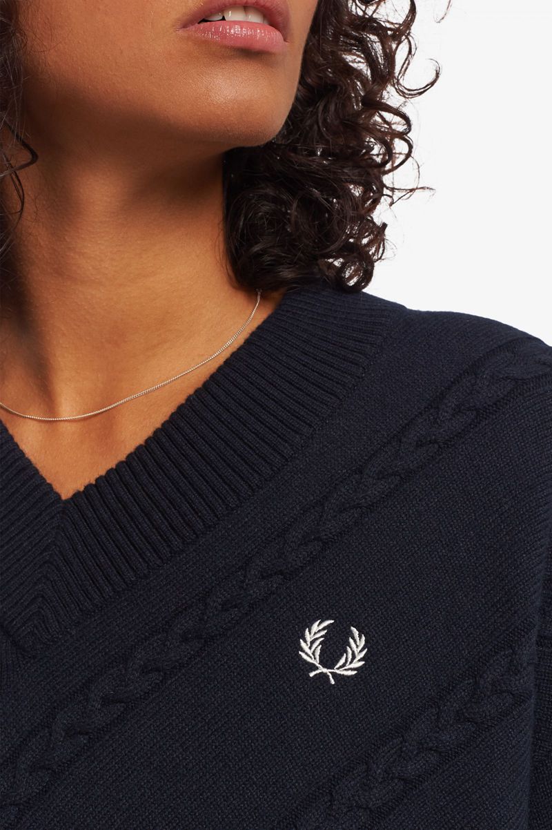 Women's Fred Perry Split Hem Cable Knit Jumper Knitwear Navy | 8325041-YT