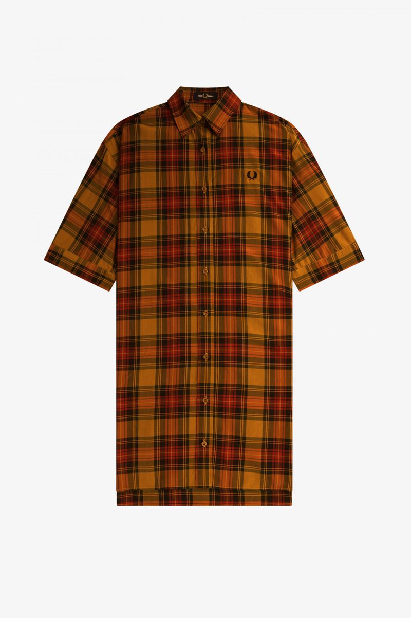 Women's Fred Perry Stepped Hem Tartan Shirt Dresses Camel | 0743925-NB