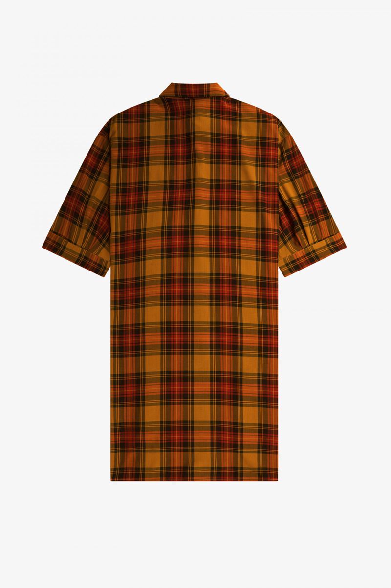 Women's Fred Perry Stepped Hem Tartan Shirt Dresses Camel | 0743925-NB