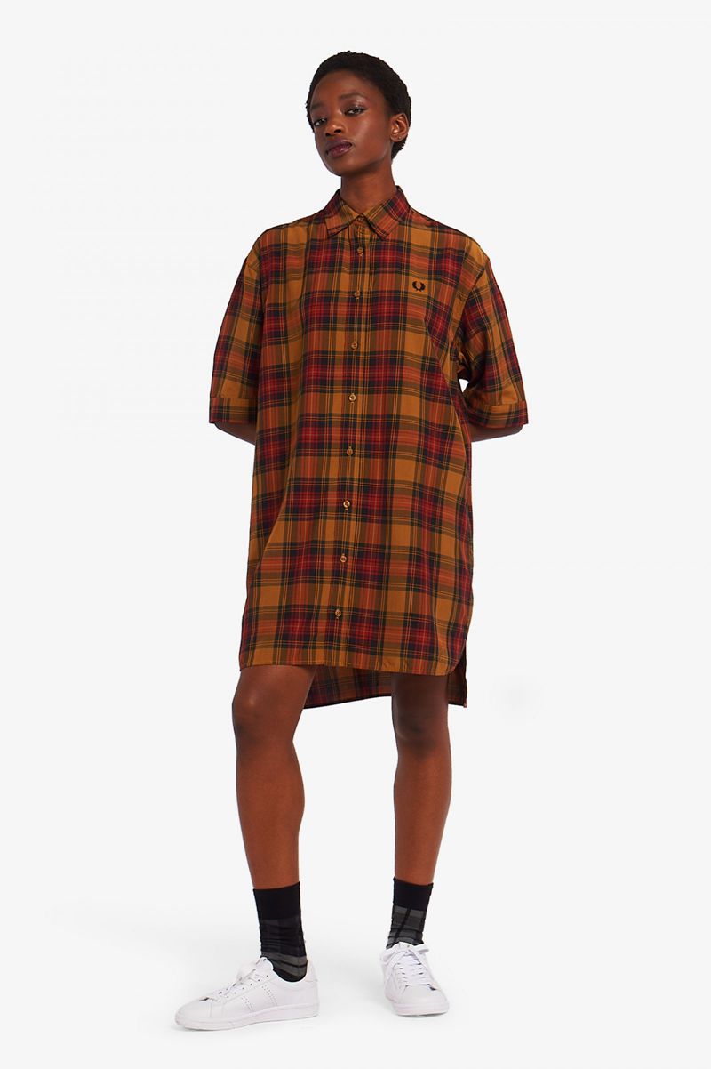 Women's Fred Perry Stepped Hem Tartan Shirt Dresses Camel | 0743925-NB