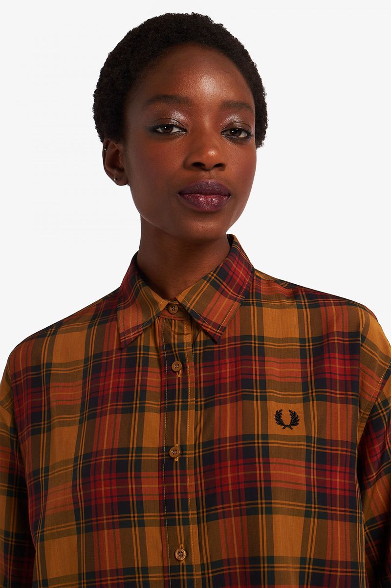 Women's Fred Perry Stepped Hem Tartan Shirt Dresses Camel | 0743925-NB