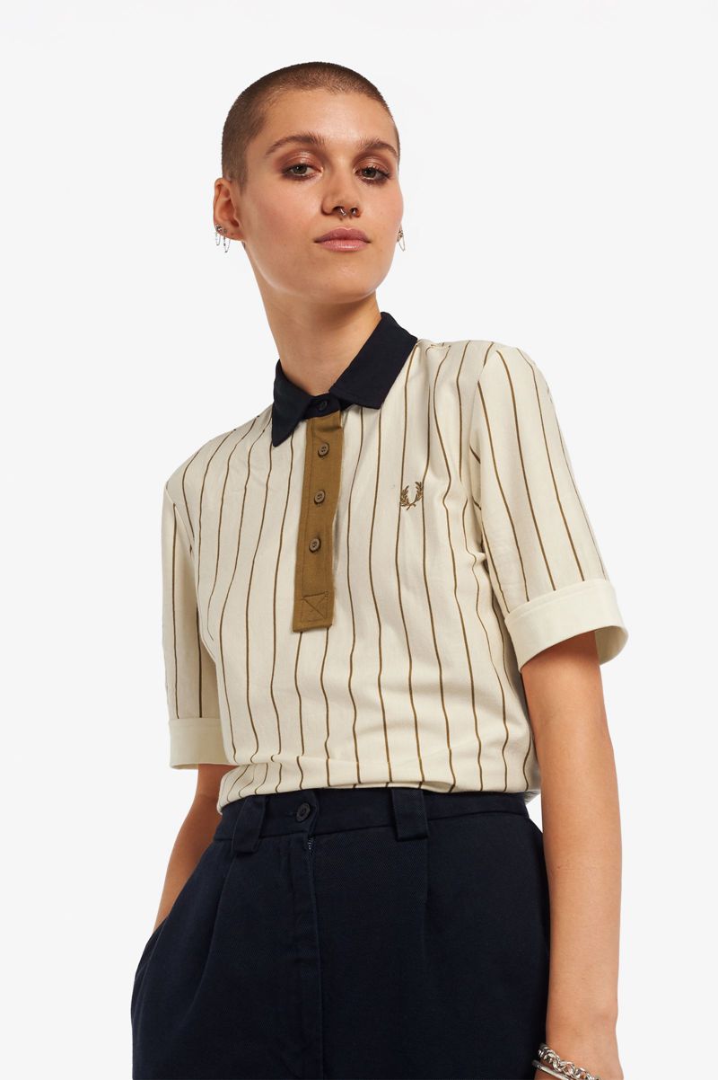 Women's Fred Perry Striped Polo Shirts White | 3024698-VZ