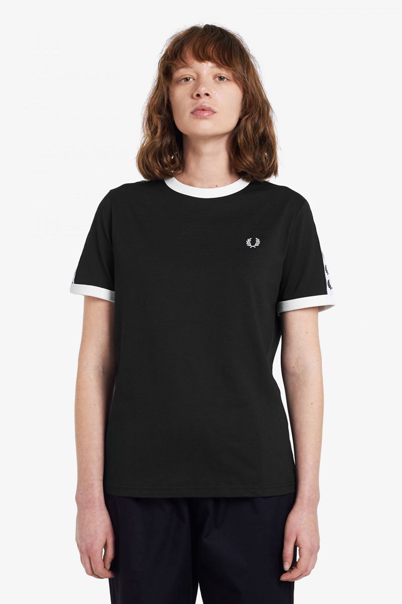 Women\'s Fred Perry Taped Ringer T-Shirts Black | 2514368-UY