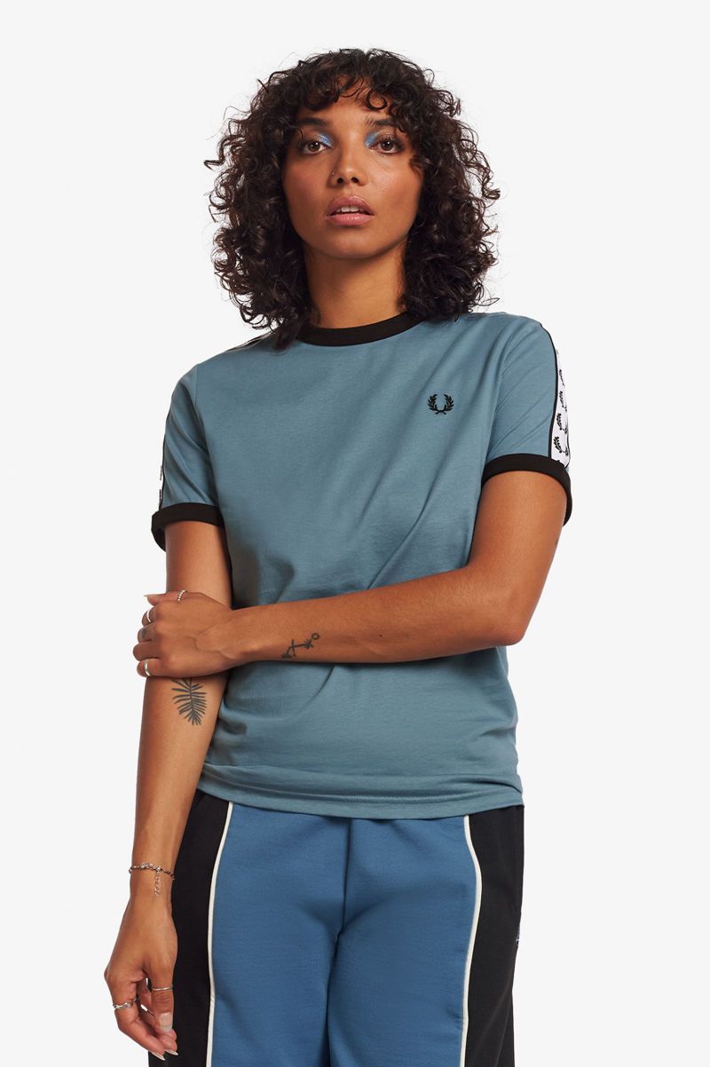 Women's Fred Perry Taped Ringer T-Shirts Grey Blue | 9073148-HJ