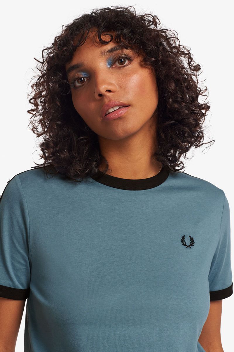 Women\'s Fred Perry Taped Ringer T-Shirts Grey Blue | 9073148-HJ