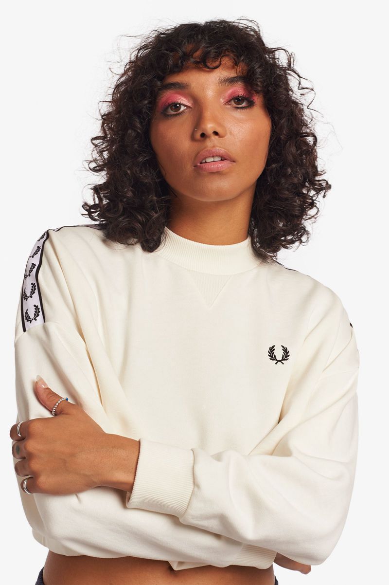 Women's Fred Perry Taped Sweatshirts White | 4869527-IY