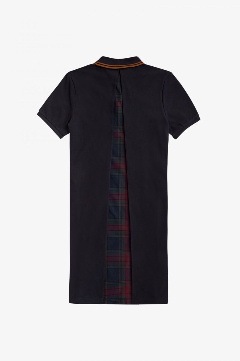 Women's Fred Perry Tartan Panel Piqué Dresses Navy | 1968352-ZN