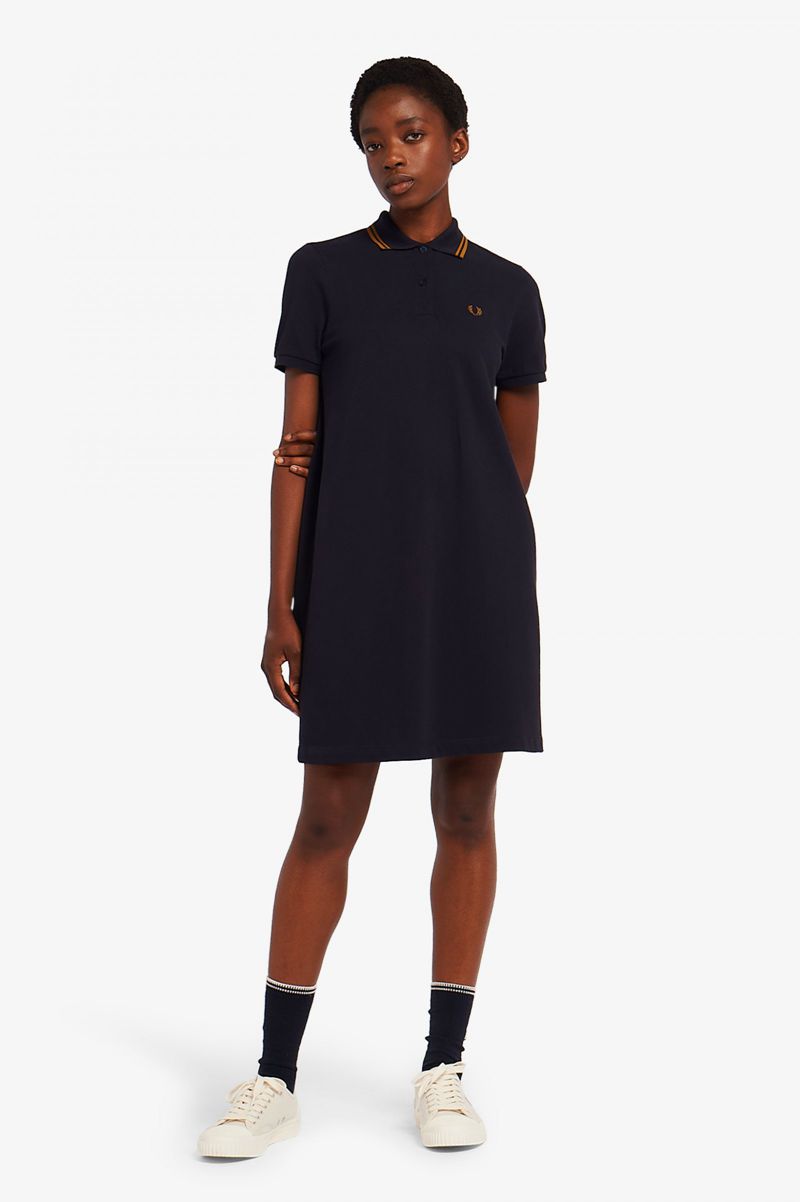 Women's Fred Perry Tartan Panel Piqué Dresses Navy | 1968352-ZN