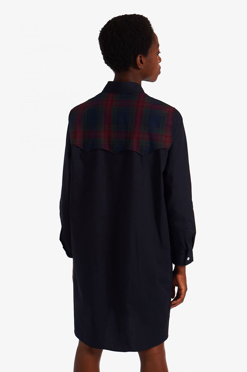 Women's Fred Perry Tartan Panel Shirt Dresses Navy | 7803214-AW