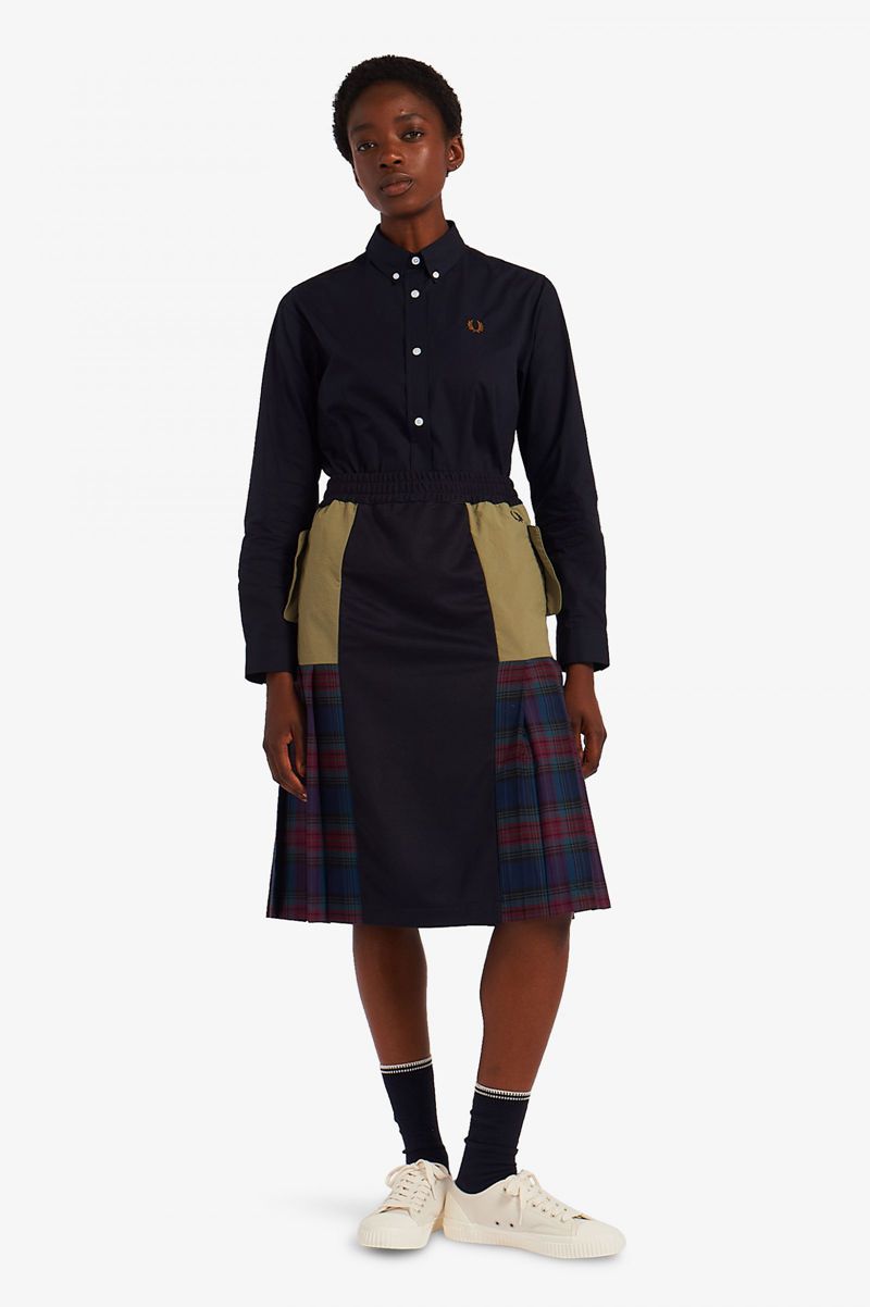 Women's Fred Perry Tartan Panel Shirts Navy | 4081756-WH